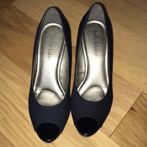 Navy Cloth Peep Toe Pumps 3 inch heel